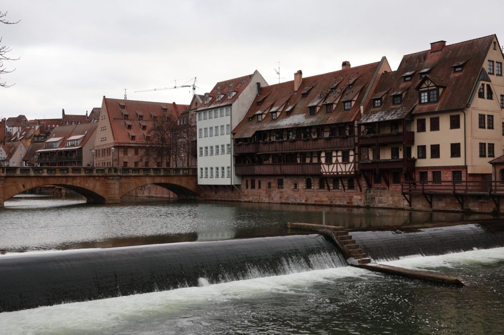 Explore the historical architecture along the river in Nuremberg, Bavaria, Germany.